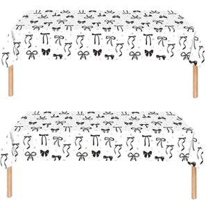 2PCS Black Bow Plastic Tablecloth,Elegant Disposable Waterproof Table Cover for Bow Theme Party, Birthday Decorations, Baby Shower, Bachelorette (White)