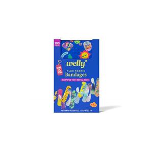 Welly Bandage Clip N' Go Tin & Refill Pack | Adhesive Flexible Fabric Bandages and Tin | Assorted Shapes and Patterns for Minor Cuts, Scrapes, and Wounds - 100 Count