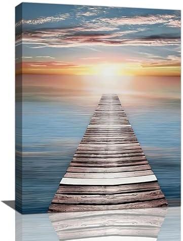 Coastal Bathroom Wall Art Sea Ocean Sunset Pictures Bridge Beach Park Pier Seascape Painting Nature Scenery Landscape Coastal Canvas Decorations Framed Sea Theme Artwork Home Decor for Bedroom 12"x16"