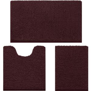 HOMEIDEAS 3 Pieces Bathroom Rugs, Ultra Soft Non Slip Absorbent Chenille Toilet Bath Mat Set (Brown) (1'8" x 2'8" (17"x24"+20"x32"+U Shape 20"x24"))