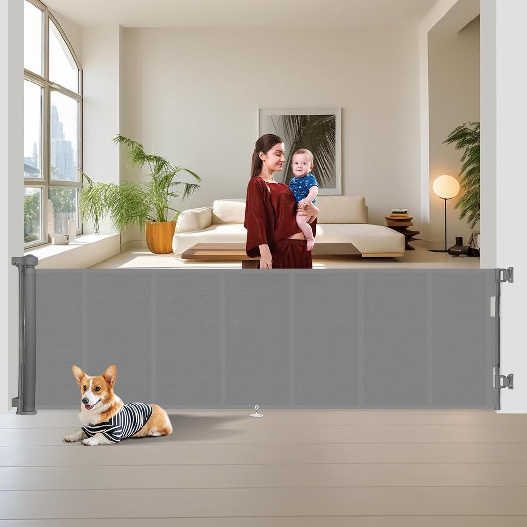Miumoon 150 inch Retractable Baby Gates 34 inch Tall, Retractable Gate with Reinforced Strip Design to Prevent Crawling Through, 12 FT Extra Wide Retractable Dog Gate for Indoor/Outdoor (Gray)