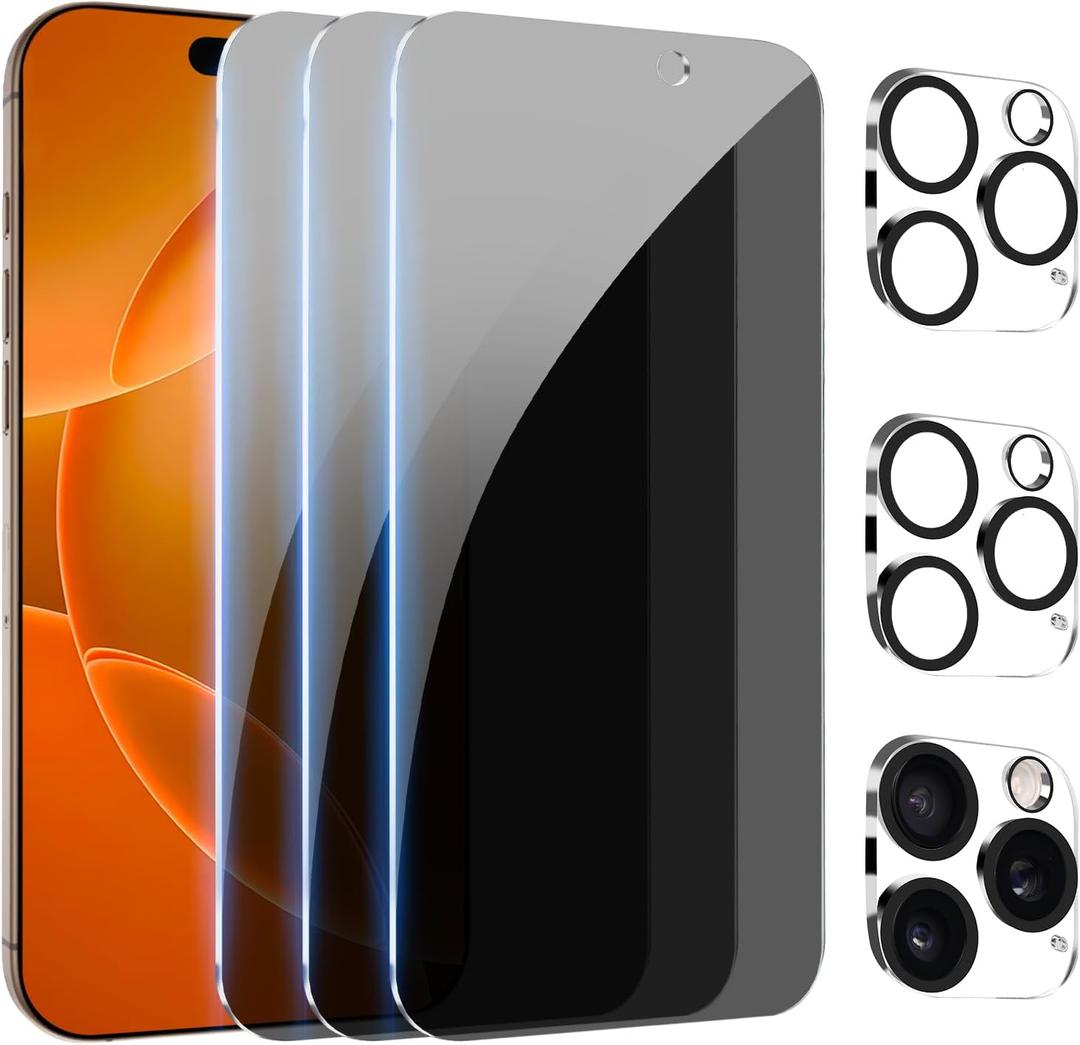 PEHAEL 3+3Pack for iPhone 16 Pro Max Privacy Screen Protector with Camera Lens Protector Full Coverage Anti-Spy Tempered Glass Film 9H Hardness Easy Installation Bubble Free [6.9 inch]