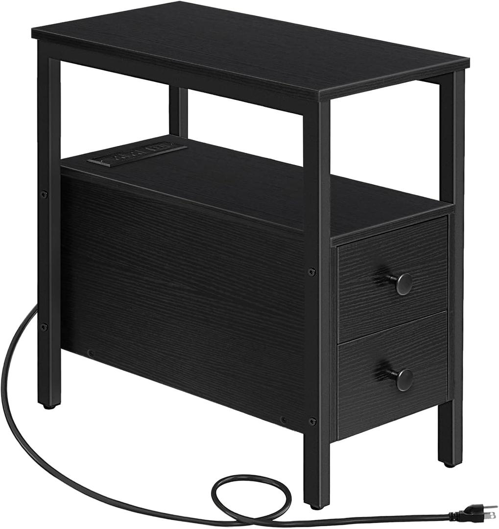 HOOBRO End Table with Charging Station, Narrow Side Table with 2 Drawer & USB Port & Power Outlets, Nightstand for Small Spaces, Stable and Sturdy, for Living Room, Bedroom, Black BK541BZ01, 11.8L x 18.9W x 24H