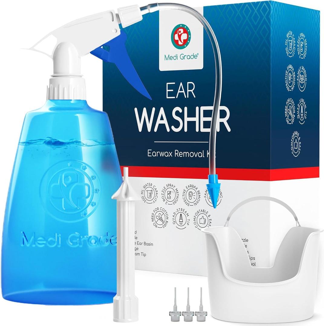 Medi Grade Ear Cleaning Kit Including Ear Cleaner Bottle, Basin, and Ear Bulb Syringe with Quad-Stream tip - Earwax Removal Kit for Enhanced Hearing Clarity - Ear Wax Removal Tool for Ear Hygiene