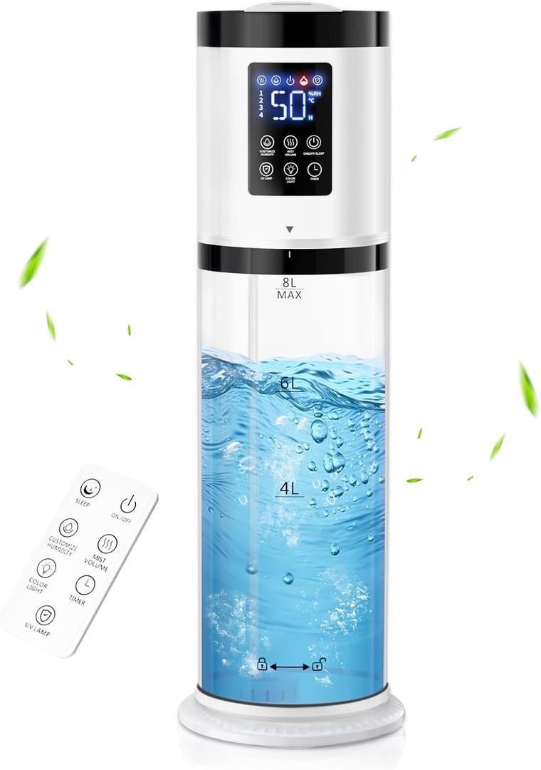 8L Humidifiers for Bedroom, 30dB Quiet, 500ft Coverage, 60H Runtime, Top Fill, 3-in-1 Humidifier Large Room & Essential Oil Diffuser & Ambient Light, Sleep Mode, 16H Timer, Auto Shutoff Protection (White)