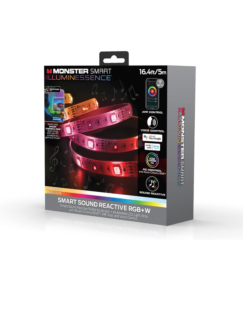 Monster LED 16.4ft Smart Sound Reactive Multi-Color Multi-White Indoor LED Light Strip with Mobile App Control, Xtreme Easy Assembly