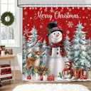 Mocsicka Christmas Snowman Shower Curtain Winter Xmas Tree Cute Snowman Reindeer Bathroom Shower Curtain Christmas Waterproof Fabric Shower Curtains Bathtub Decor with 12 Hooks 72 X 72 Inches (Red)