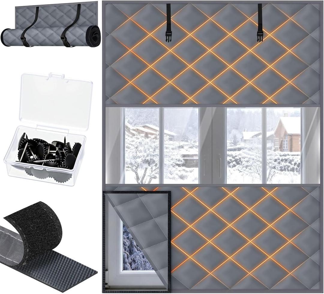 Fanfanwin Window Insulation for Winter 63 x 47 Thermal Insulated Window Cover with Fastener Winter Insulation Kit for Cold Weather, Oxford Cloth 2 Layer Thick Cotton Filled (Gray, 1 Set)