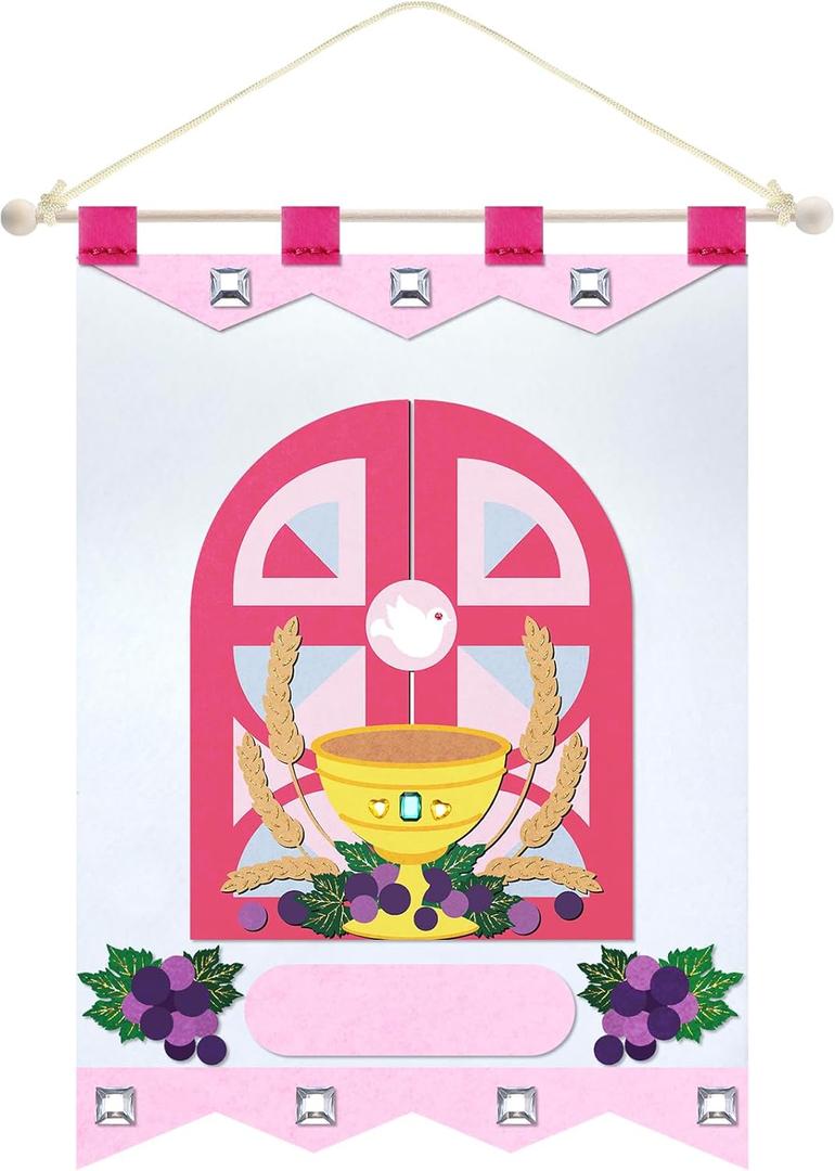 First Communion Banner Kit 9 x 12 Inches Felt Holy Pink First Communion Banner Grapes Craft for Church Sunday School Boys Girls DIY Catholic