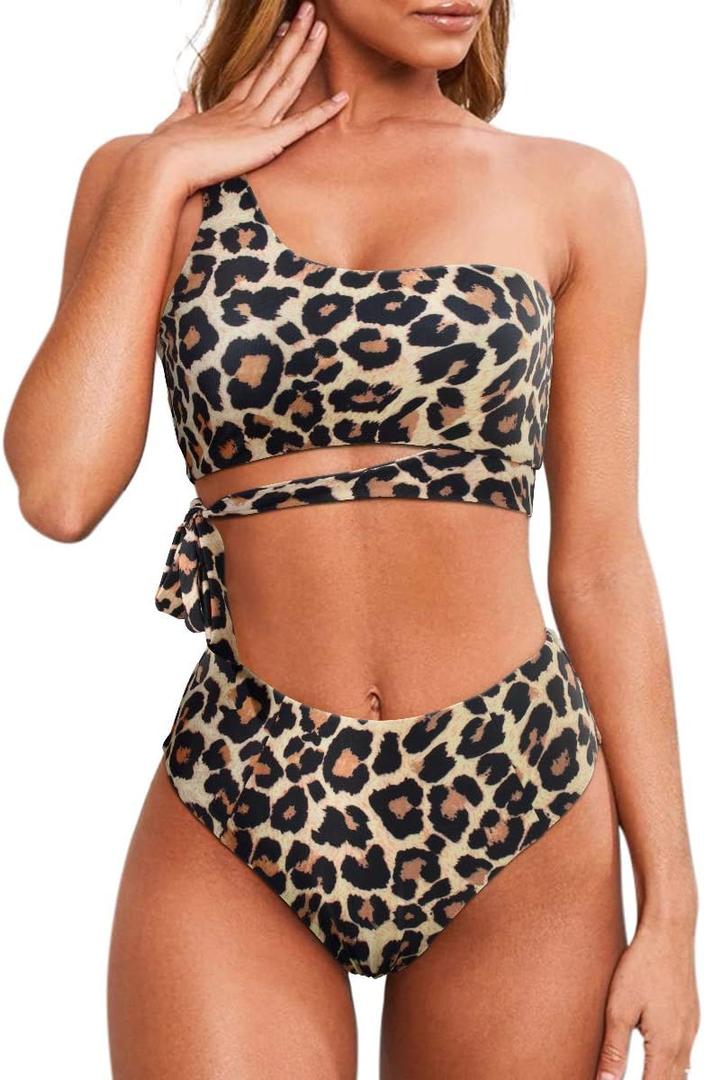 MOOSLOVER Women One Shoulder High Waisted Bikini Tie High Cut Two Piece Swimsuits (Large, Leopard)