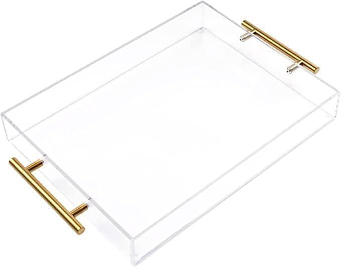12"x16" Clear Acrylic Serving Tray with Golden Handles, Sturdy Huge Capacity Acrylic Tray for Coffee, Juice, Kitchen and Desk Organizer, Storage Tray