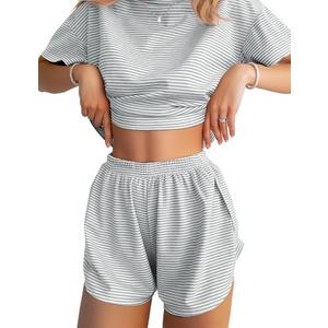 JUSTFASHIONNOW Womens Pajama Sets Shorts Striped Print Two Piece Lounge Sets Crew Neck Sleepwear Split Shorts Set Soft Pjs, Size: XL