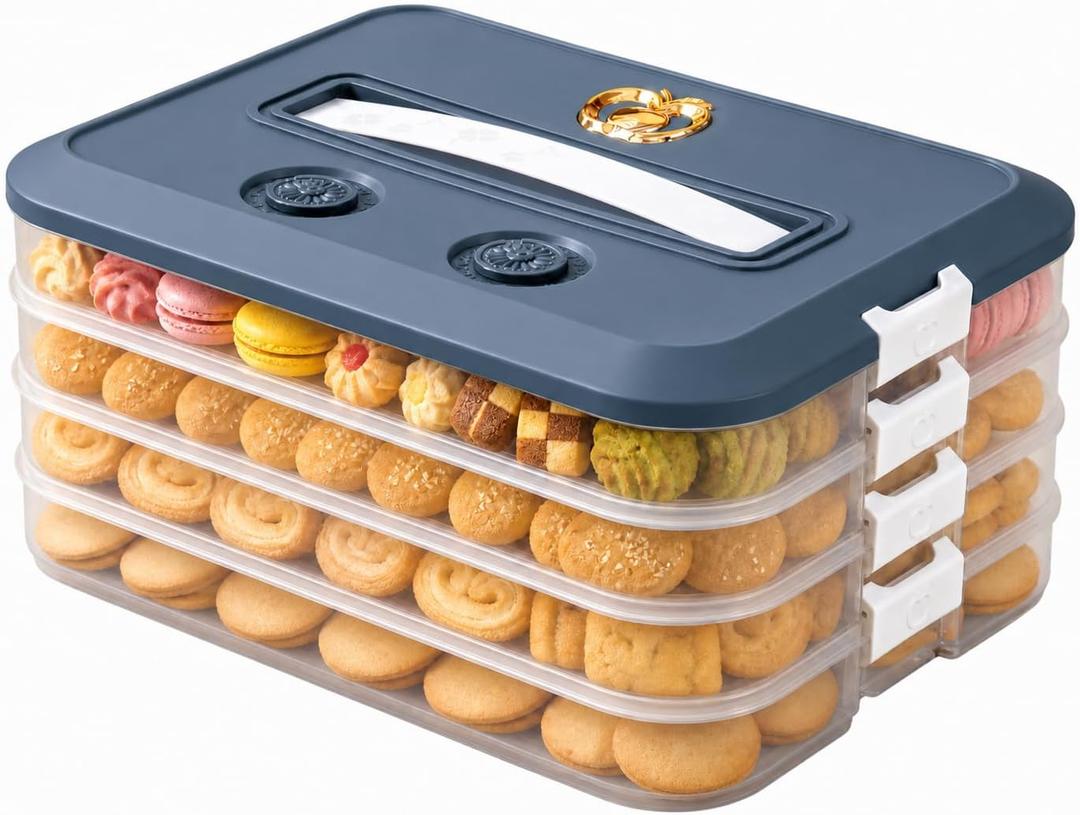 LOEZ 4-Layer Food Storage Container, Stackable Snack Container with Lid, Dumpling Box, Gyoza Container, Cookie Storage Containers, Good Sealing, Time Recoder (Blue)