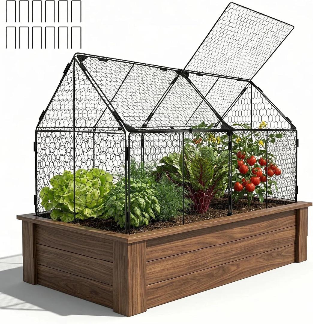 Decoroca 4x2ft Chicken Wire Plant Protectors - Crop Cage with Flip-Top&10 Ground Stakes, Outdoor Plant Protection Cage Keep Animals Out of Your Vegetable Garden - Suitable for 4x2ft Raised Garden Bed
