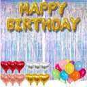 77Pcs Iridescent Birthday Party Decorations Kit, Happy Birthday Banner, Neon Transparent Holographic Tinsel Foil Backdrop, 4 Colors Foil Heart Balloons with Colorful Balloons Mermaid Frozen Sea Decor