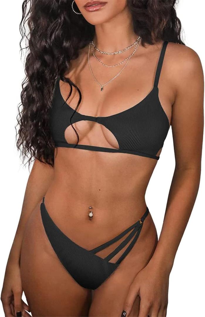 ZAFUL Women's Sexy Cutout Bikini Thong Bikini Set Tie Back Two Piece Swimsuit Bathing Suit (0-Black,S) ZAFUL Women's Sexy Cutout Bikini Thong Bikini Set Tie Back Two Piece Swimsuit Bathing Suit (0-Black,S)