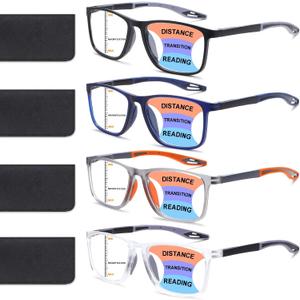 BLOEXCLU 4 Pack Progressive Multifocus Reading Glasses for Men Women TR90 Sports Style Anti-Blue Light Computer Readers (Black & Blue & Grey & Transparent)