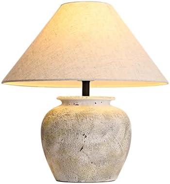 VYORO Farmhouse Table Lamp White Ceramic Lamps Rustic Clay Pot with Fabric Shade Decor for Living Room Bedroom House Bedside Nightstand Home Office
