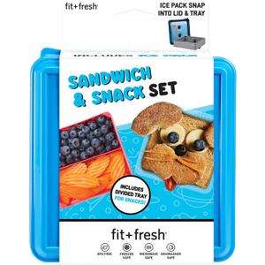 Fit & Fresh Sandwich and Snack Set, Dual Container with Ice Pack, Adult and Kids Lunch Container, Sandwich Container for Lunch Box, Blue