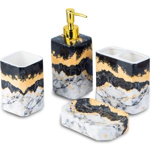 4 Piece Bathroom Accessories Set - Black and White Includes Lotion Dispenser, Toothbrush Holder Tumbler, and Soap Dish - Glossy Finish (Marble, Black, and White)