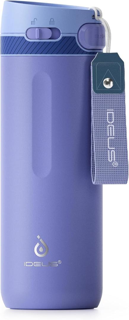 IDEUS Insulated Stainless Steel Water Bottle 17 oz Push Button Lid & Leakproof Travel Mug for Hot/Cold Beverages Fits Most Cup Holder (Blue)