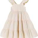 Kids Toddler Baby Girls Rainbow Dress Princess Sleeveless Beach Butterfly Sundress 
(5-6T, Khaki Stripe)