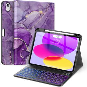 Soke For Ipad (A16) 11th/10th Generation Case With Keyboard(2025/2022)-7 Color Backlight Wireless Detachable Folio Keyboard Cover With Built-In Pencil Holder For Ipad 11/10.9 Inch, Purple Marble
