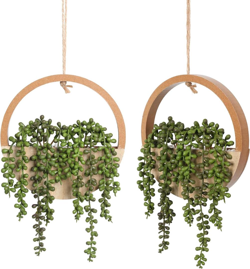 Floweroyal 2pcs Artificial Succulents Hanging Plants 12.2'' Fake String of Pearls in Pot with 8.3'' Lanyard for Indoor Outdoor Wall DecorWood Color.