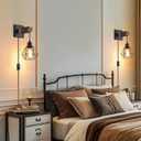 Rustic Wall Sconces Fixtures with Plug in Cord, Set of Two Indoor Vintage Rattan Wall Light Industrial Lamp Fixture Farmhouse Metal Sconces Light for Bedroom Bedside Living Room