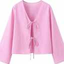 WDIRARA Women's Tie Front V Neck Blouse Long Sleeve Y2k Going Out Tops (Pink, S)