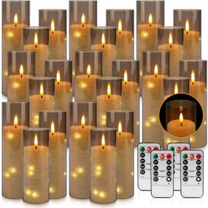 24-Pack Gray Flameless Candles with Remote Control, Battery-Powered LED Candles with Embedded Star String Lights & Realistic Flickering Flame. with Timer for Christmas, Home, Wedding, Fireplace Mantle