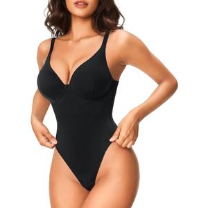 Nebility Shapewear Bodysuits for Women Tummy Control Body Shaper Deep V Neck Thong Body Suits (Black,Small)