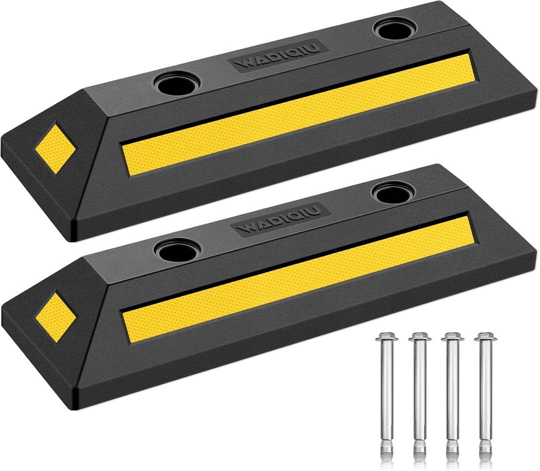 2-Pack Heavy Duty Rubber Parking Stoppers, Wheel Blocks with Reflective Stripes, Tire Stoppers for Garage, Truck, RV, Trailer, Van and Forklift, Car Parking Blocks for Garage Safety