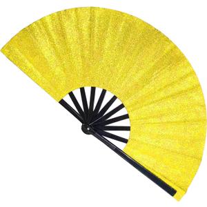 2 x Large Folding Glitter Rave Fan,Boots on The Ground Shiny Hand Clack Fans for Line Dancing Handheld Fan with a plush bag for Rave Outfits Accessories Festival Home Decoration and DIY (Gold)