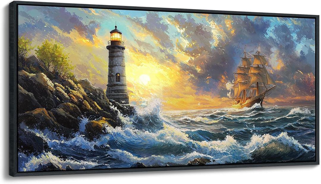 CHATYOUNG Large Wall Art Living Room, Ocean Sunrise Big Waves Framed Wall Pictures Beach Sailboat Lighthouse Landscape Canvas Paintings for Bedroom Dining Room Kitchen Office Home Decor 29x58 IN (Yellow gray blue)