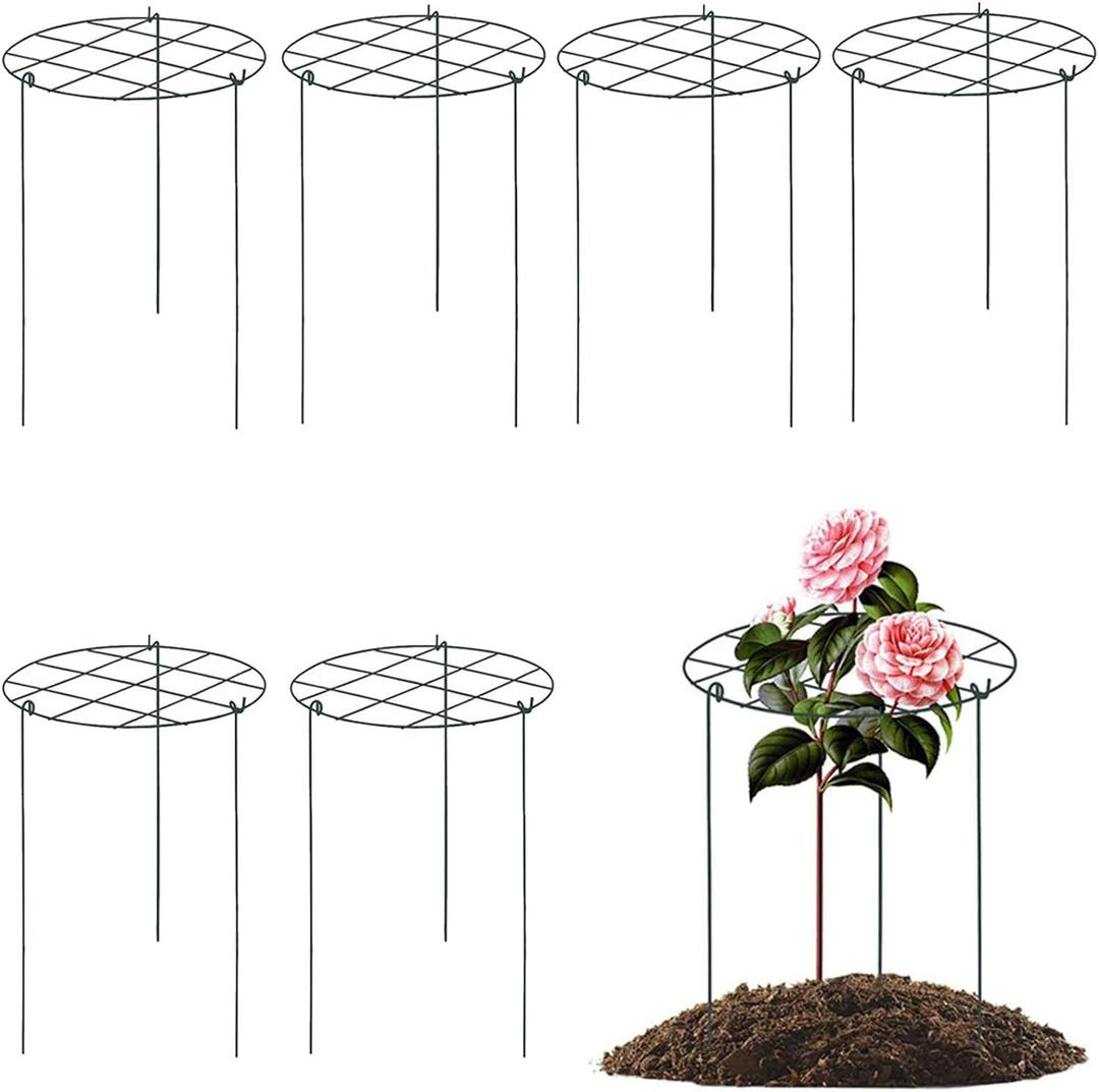 Peony Cages and Supports, Pack of 6 Metal Grow Through Plant Support Stakes Grid Plant Brace Flower Support Rings Hoops with 3 Pcs Legs for Flowers, Peonies, Rose, Lily (15.7in)