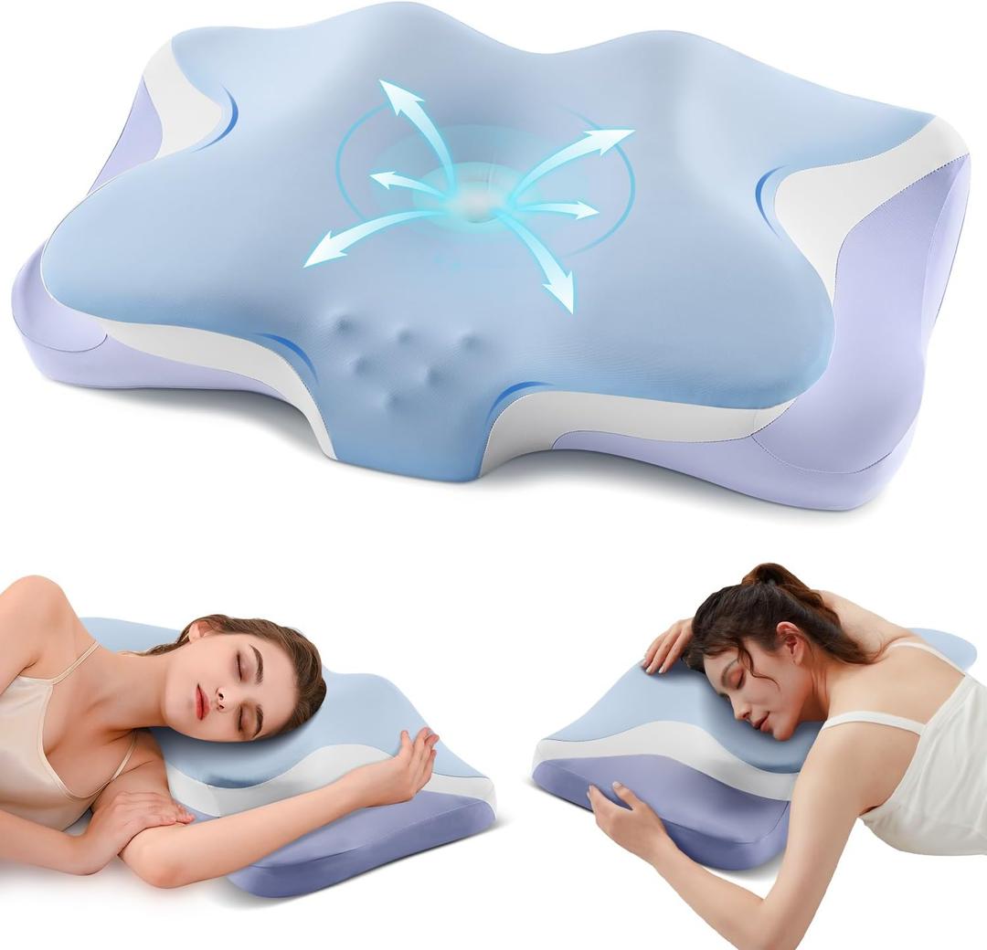 Cervical Pillow for Neck Pain Relief - Cooling Ergonomic Memory Foam Pillows for Sleeping, Contour Neck Support Pillow for Side, Back, Stomach Sleepers with Anti-pilling Pillowcase Queen Size-Ice Blue