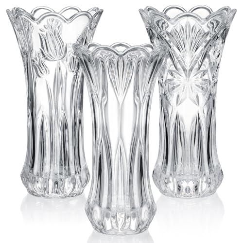 SiliFine 2 Pcs Thickened Glass Flower Vase, 9.5" High x 5" Wide Large Glass Tall Cylinder Flared Decorative Wedding Vase for Home, Wedding, Living Room, Office, with Color Box, 3 Styles