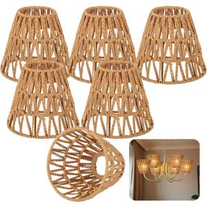 6 PCS E27 Rattan Lamp Shade, Bell Woven Wicker Lampshades Replacement, Paper Rope & Metal Frame, Bohemian Style Light Shade Replacement for Table Lamps, Pendant Lights, Wall Lights(5.5" H x 5.9" D)