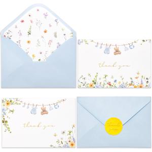 Crisky Baby Shower Blue Gold Thank You Cards (50 Pack) with Envelopes & Stickers Boy Baby Shower Greeting Cards Bulk, Watercolor Delicate Wildflower for Baby Shower Party
