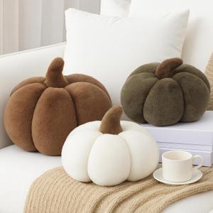 3 Pcs Pumpkin Pillows Modern Fall Home Decorative Plush 3D Pumpkin Shaped Pillows Rustic Farmhouse Cushion for Halloween Thanksgiving Autumn Home Sofa Couch Bed Decor Gift (Neutral Color)