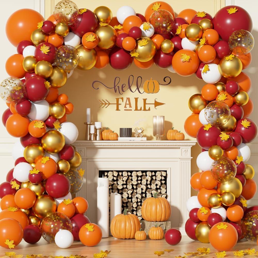 Fall Balloons Garland Arch Kit Orange Gold Burgundy White Confetti Balloons with Artificial Maple Leaves Garland for Thanksgiving Autumn Little Pumpkin Baby Shower Birthday Party Decorations