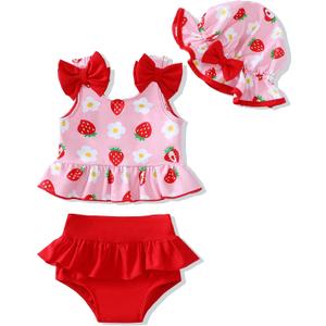 Mioglrie Baby Infant Swimsuit Girl Toddler Bathing Suit Girl Summer Beach Bikini Tankini Swimwear Hat 2t-5t