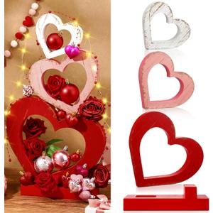 Cinnvoice 3 Pcs Valentine's Day Table Decorations Wooden Heart Shape Sign Romantic Home Centerpiece Red Heart Stackable with Base Rustic Tiered Tray Decor for Wedding Party Anniversary Valentines Gift
