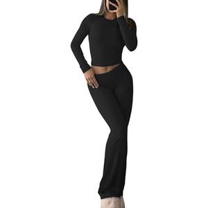 YETOWA Women's 2 Piece Casual Pajama Set-Slim Fit Long Sleeve Top Low Rise Bell Bottoms-Versatile Yoga Loungewear, L