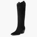 iiimmu Cowgirl Boots Women Knee High Boots Pointed Toe and Block Heel Cowboy Suede and Faux Leather Boots with Embroidered Black 11