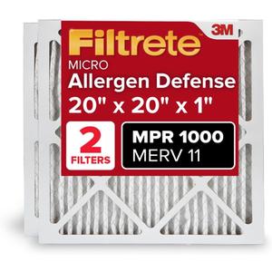 Filtrete 20x20x1 AC Furnace Air Filter, MERV 11, MPR 1000, Micro Allergen Defense, 3-Month Pleated 1-Inch Electrostatic Air Cleaning Filter, Pack of 2 (Actual Size 19.719 x 19.719 x 0.84 in)