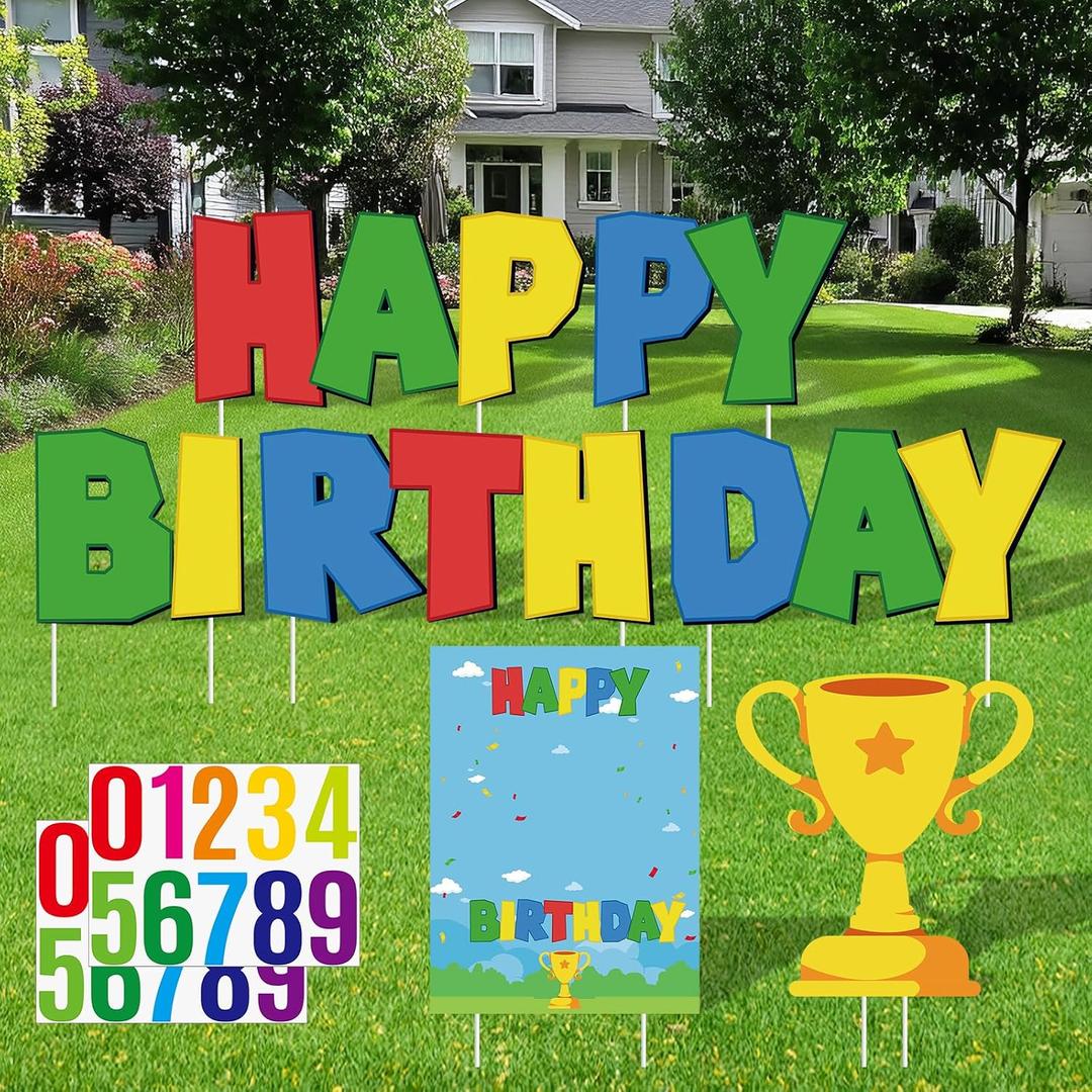 Happy Birthday Yard Signs with Stakes Colorful Birthday Party Supplies Personalized Signs with 20 Number Stickers Trophy Lawn Decorations for Garden Outdoor Birthday Party Decorations