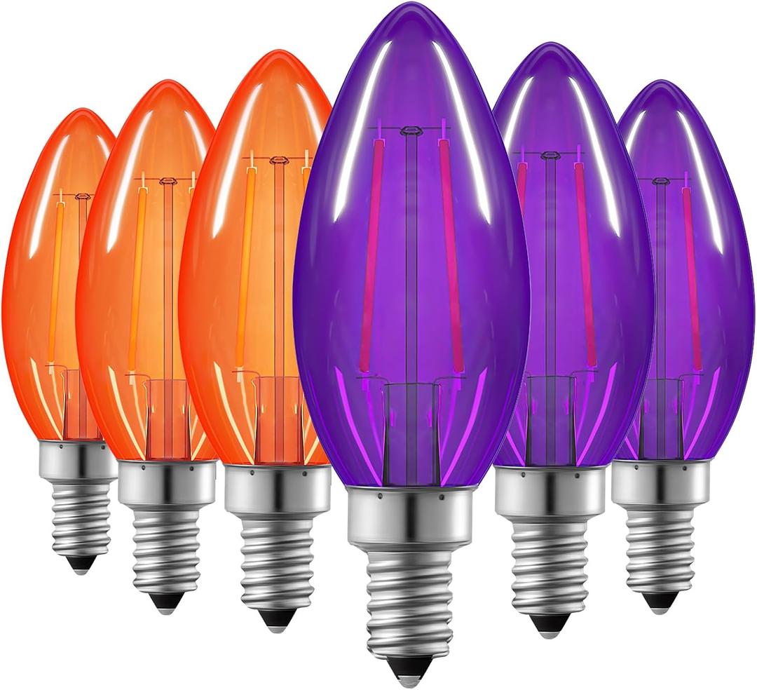 EDISHINE Christmas C35 Purple & Orange Dimmable LED Filament Light Bulbs, E12 Candelabra Bulbs, 60 Watt Equivalent, LED Chandelier Bulb, Vintage Candle Light Bulb for Christmas, 6 Pack