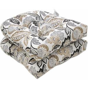 Pillow Perfect Floral Indoor/Outdoor Chair Seat Cushion, Tufted, Weather, and Fade Resistant, 19" x 19", Black/Tan Dailey, 2 Count